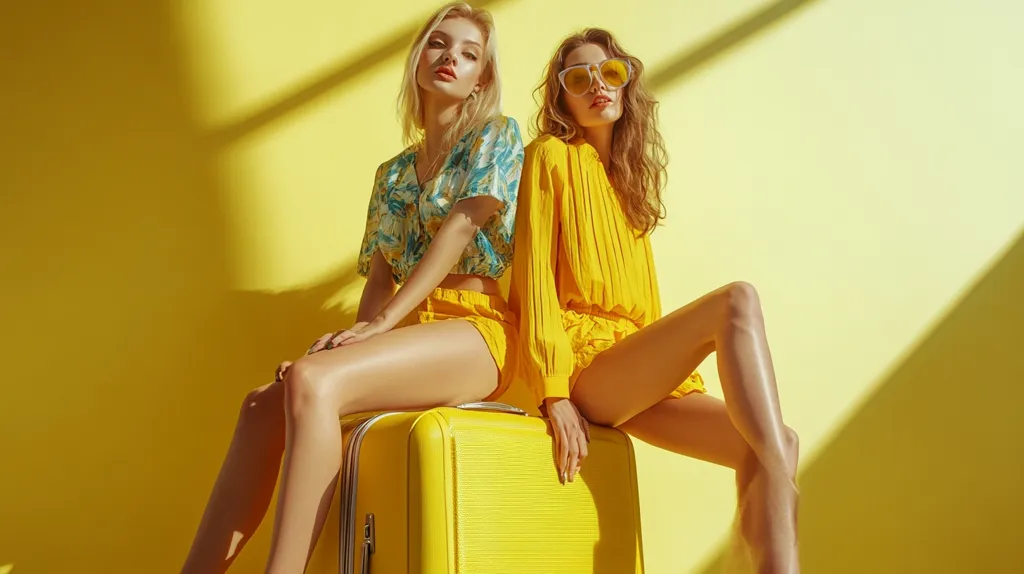 Two attractive young women, styled in vibrant yellow and teal summer outfits, sit on a bright yellow suitcase against a sunny yellow backdrop.  One woman wears a floral top and yellow shorts; the other sports a solid yellow blouse and matching shorts.  Both exude a carefree summer vibe, enhanced by the warm lighting and bold color scheme.  Their poses and expressions suggest confidence and a sense of stylish adventure.