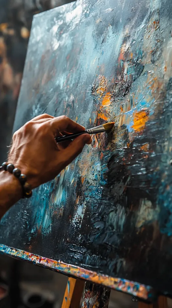 Close-up view of an artist's hand applying paint to a canvas.  The hand, adorned with a beaded bracelet, delicately holds a paintbrush, adding strokes of vibrant color to a dark, abstract painting. The painting itself is rich with texture, showcasing thick impasto layers of blues, oranges, and grays. The focus is on the interaction between the artist's hand and the canvas, highlighting the process of creation. The overall atmosphere is one of artistic immersion and concentration.