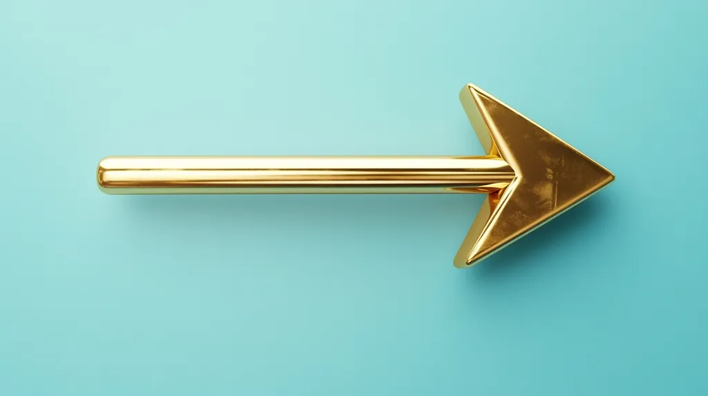 Here's a description of the image:

The image shows a gold arrow pointing to the right, positioned against a light teal background. The arrow is sleek and modern in design, with a cylindrical shaft and a triangular arrowhead.  The gold has a slightly reflective quality. The overall impression is one of simplicity and direction, possibly suggesting progress or movement forward. The contrast between the gold and the background makes the arrow stand out prominently.