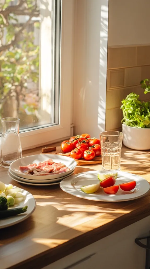 Sunlight streams through a window onto a kitchen counter, illuminating various food items.  Several plates hold sliced meat, tomatoes, cucumbers, and other vegetables. A glass of water and a vase of herbs sit nearby.  The scene is peaceful and evokes a feeling of a bright, sunny morning and a simple, healthy meal preparation. The wooden countertop is warm and inviting, enhancing the overall aesthetic of the image.