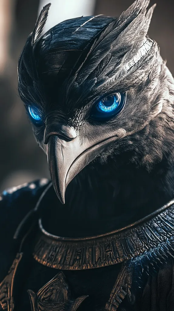 Close-up view of a stylized avian creature, possibly a digital rendering or artwork.  The creature has a dark, feathered head with piercing bright blue eyes. Its beak is sharp and prominent. It appears to be wearing ornate, dark metallic armor or clothing with intricate detailing reminiscent of ancient Egyptian designs. The overall mood is dark, mysterious, and powerful. The image focuses on the creature's intense gaze, creating a sense of authority and mystique.