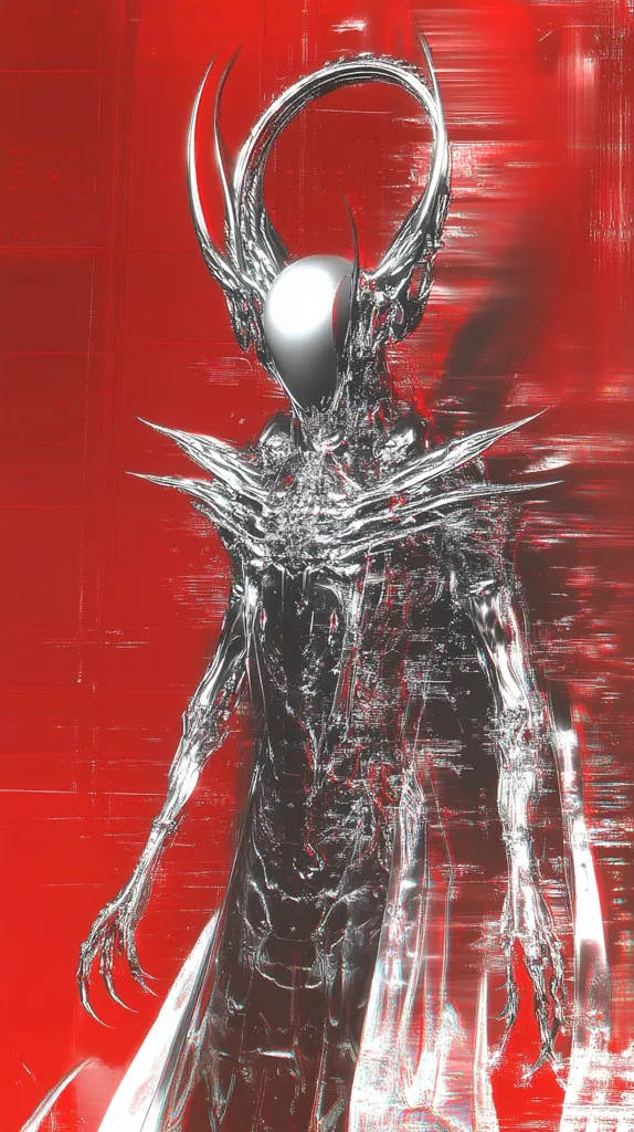Here's a description of the image:

The artwork depicts a stylized, otherworldly figure against a vibrant red, textured background. The figure appears metallic, with a sleek, almost skeletal structure.  Intricate details adorn its body, suggesting a complex, possibly technological, design.  A large, circular halo-like structure frames its head, which is smooth and featureless, adding to the enigmatic and somewhat unsettling nature of the piece. The red background has a glitchy, digital aesthetic, enhancing the surreal and futuristic quality of the image. The overall effect is both visually arresting and slightly disturbing, blending elements of fantasy, science fiction, and digital art.
