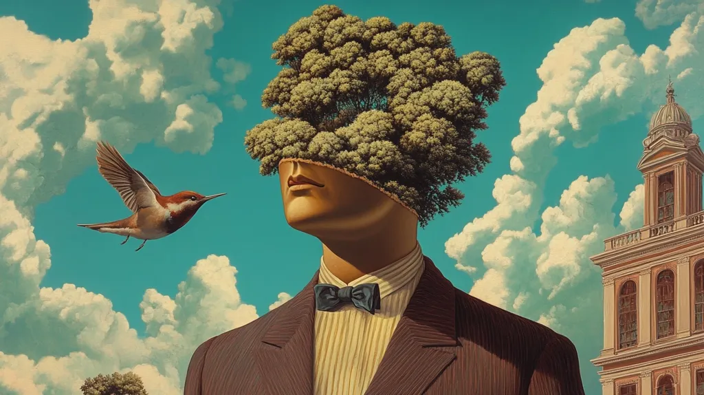 The surrealist painting depicts a man in a pinstripe suit and bow tie.  His head is replaced by a lush, green treetop, obscuring his face. A small hummingbird flies in the bright turquoise sky dotted with fluffy white clouds.  In the background, a classical-style building stands tall, adding to the dreamlike and contrasting elements of the composition. The overall effect is one of juxtaposition and mystery, blending nature and urban architecture with the human form in an unusual way.