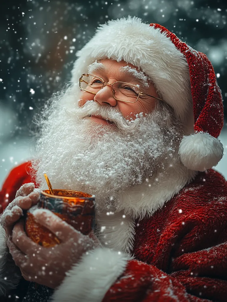 A joyful Santa Claus, his white beard and hat dusted with snow, warmly holds a mug in his hands.  He wears glasses and his face reflects contentment as snowflakes gently fall around him. The red of his suit contrasts beautifully with the white snow, creating a classic Christmas scene. His expression is one of peaceful bliss, enjoying a moment of quiet amidst the festive flurry.