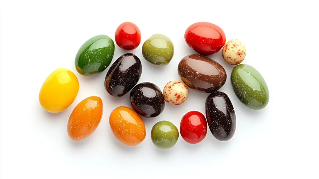 A collection of colorful, speckled candies are scattered on a white background.  The candies are oval and round shapes, in various colors including red, green, yellow, orange, brown, and speckled cream.  They appear smooth and glossy, suggesting a hard candy or chocolate coating. The overall arrangement is casual and appealing, showcasing the variety of colors and textures.