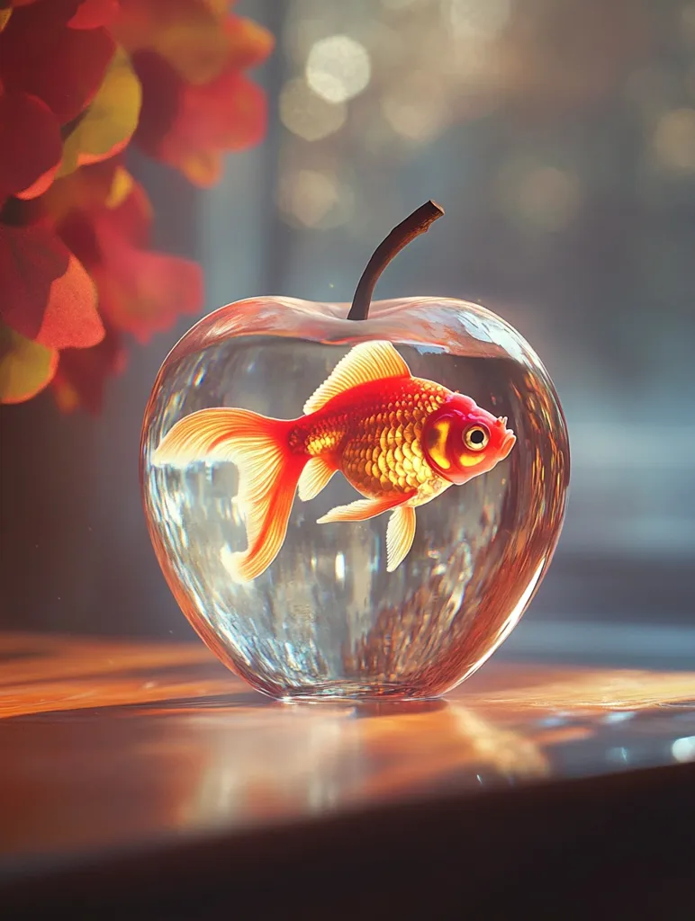 A vibrant goldfish swims in a crystal-clear apple-shaped bowl.  The glass is meticulously crafted, reflecting light beautifully. The fish, with its bright orange scales, is the focal point, set against a softly blurred background of warm, autumnal colors and a sunlit window. The overall effect is one of serene beauty and unexpected juxtaposition.  The scene is subtly lit, emphasizing the transparency of the apple-bowl and the brilliance of the goldfish.