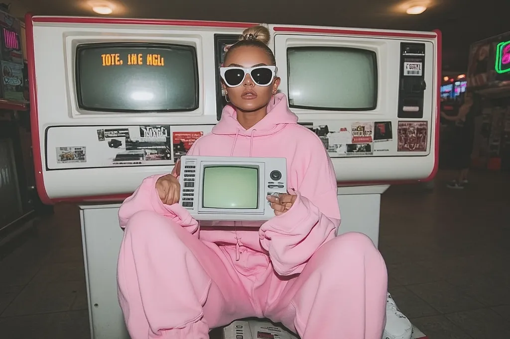 A young woman in a pink hoodie and sweatpants sits before a vintage arcade game. She wears white sunglasses and holds a small, old-fashioned television set. The arcade game's screen displays the words "TOTE. IKE AGI," and it's covered in stickers. The overall aesthetic is retro and stylish, with a focus on pastel colors and 1980s-style technology. The scene is set at night, adding to the nostalgic feel.
