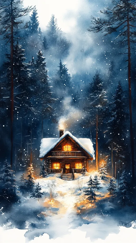 A cozy wooden cabin nestled in a snow-covered winter forest.  Warm light glows from its windows, contrasting with the cool blues and whites of the snowy landscape.  Smoke curls from the chimney, adding to the idyllic scene.  Tall evergreens surround the cabin, their branches laden with snow, under a softly falling snow.  A faint path leads to the cabin's inviting entrance, creating a sense of peaceful solitude and winter magic.
