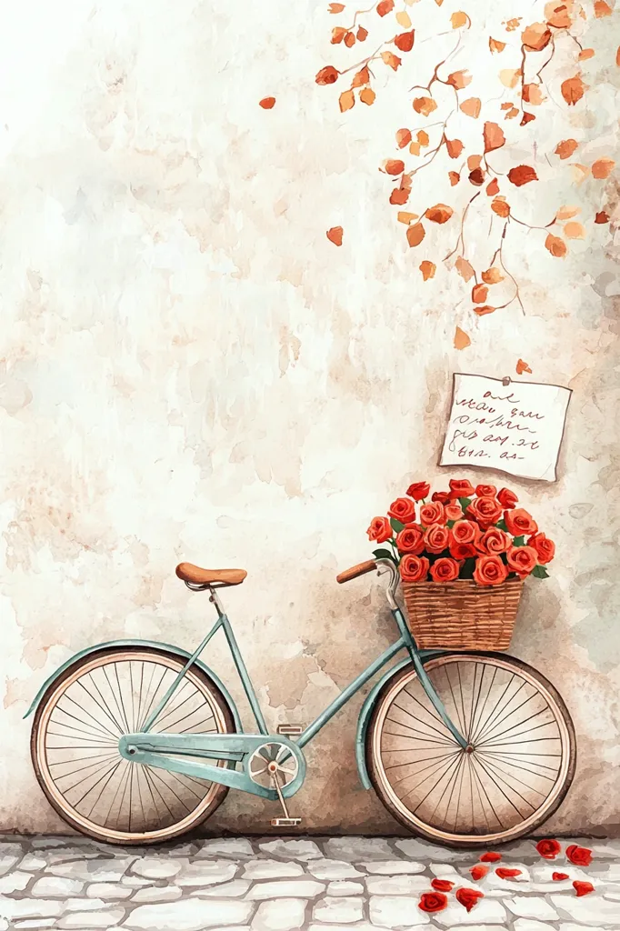 A watercolor painting depicts a teal bicycle leaning against a textured, off-white wall.  A wicker basket overflowing with red roses sits on the handlebars.  A small note is pinned to the wall above the bike. Fallen rose petals scatter on the cobblestone ground below.  A branch with autumnal leaves trails down the wall, adding a touch of seasonal flair to the romantic, vintage scene. The overall style evokes a nostalgic and peaceful feeling.