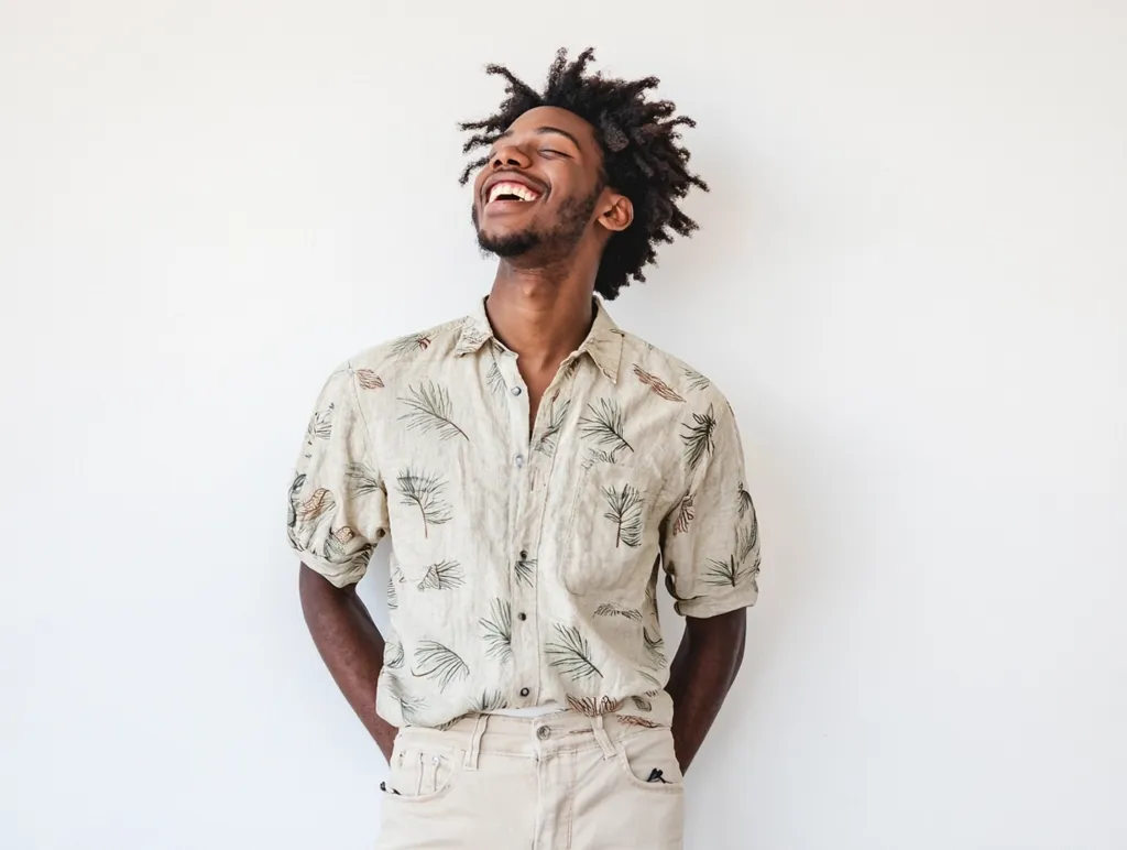 A young Black man with dark, curly hair throws his head back in joyous laughter.  He's dressed in a light beige, short-sleeved button-down shirt featuring a subtle leaf print, and light beige pants. His hands are casually in his pockets.  The background is a plain white wall, focusing attention on his exuberant expression. The overall image evokes feelings of happiness and carefree joy.