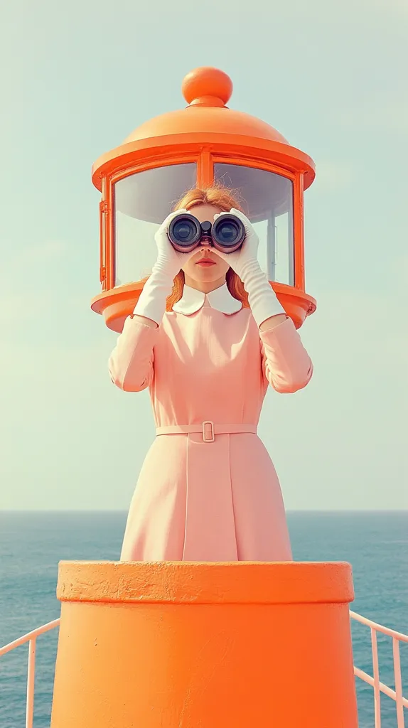 A woman in a pale pink dress and white gloves stands atop an orange lighthouse, using binoculars to scan the ocean horizon.  The scene is brightly lit, with a pastel color palette dominating the image.  The woman's posture and the bright colors create a striking, almost surreal, visual effect against the calm ocean backdrop. The overall style suggests a vintage or retro aesthetic.