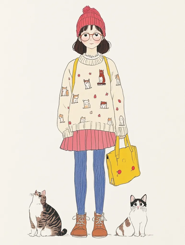 Here's a description of the image:

The illustration depicts a young girl, styled in a cute, slightly retro fashion. She wears a red beanie, round glasses, a cream-colored sweater adorned with small cat illustrations, a pink pleated skirt, blue tights, and brown boots. A yellow handbag hangs from her arm. Two cats, one tabby and one tuxedo, flank her, adding to the charming, whimsical scene. The art style is clean and delicate, with soft lines and pastel colors creating a gentle, inviting atmosphere.