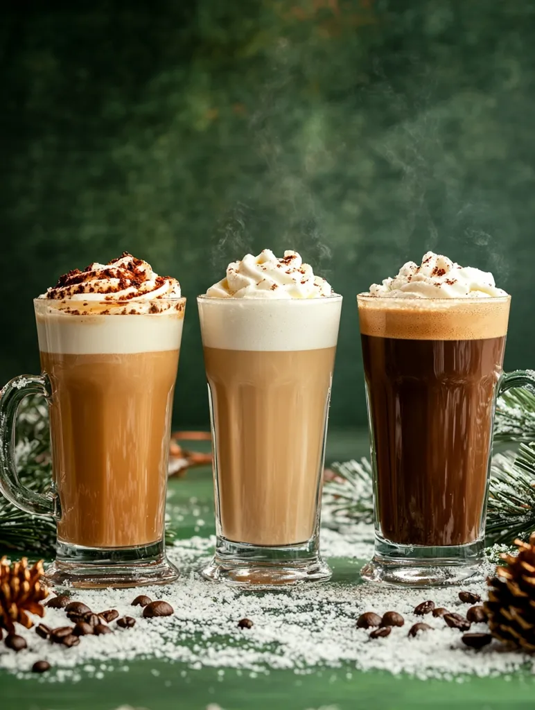 Three steaming mugs of coffee drinks sit on a green surface dusted with powdered sugar and coffee beans.  Each beverage is topped with whipped cream and a dusting of cocoa powder. The leftmost mug has a handle and a light brown color, suggesting a latte. The center mug is a similar light brown. The rightmost mug is dark brown, possibly a mocha.  A sprig of evergreen and pine cones decorate the scene, suggesting a winter or holiday theme.  The background is a blurred deep green.