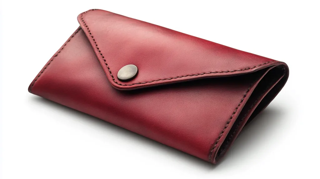 Here's a description of the image:

A rich, burgundy leather wallet rests on a stark white background.  Its envelope-style design features a flap secured by a small, round, metallic button.  The leather appears soft and supple, with visible stitching highlighting the edges and flap closure. The wallet is folded slightly, showcasing its depth and craftsmanship.  The overall impression is one of quality and understated elegance.