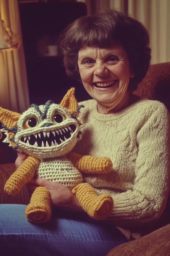 A smiling older woman with short brown hair sits in a chair, cradling a crocheted cat toy. The cat is light beige with orange limbs and a wide, toothy grin. The woman wears a light beige cable-knit sweater and blue jeans.  The setting appears to be a home, with a glimpse of curtains in the background. The overall tone of the image is warm and inviting.