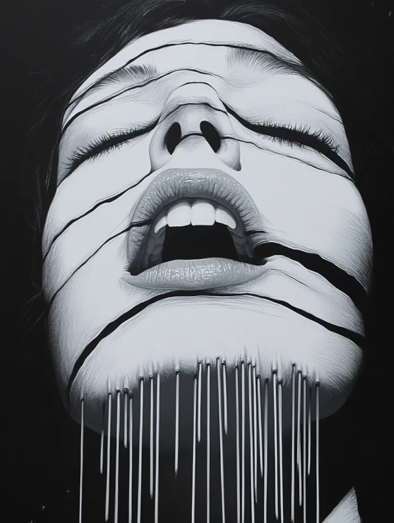 The image is a black and white close-up of a woman's face. Her eyes are closed, and her mouth is open in a scream or cry.  Black lines streak across her face, resembling cracks or tears.  From her chin, numerous thin, vertical lines descend, suggesting dripping paint or a melting substance, creating a striking and surreal effect. The overall style is hyperrealistic, with meticulous detail in the rendering of the skin and hair. The piece evokes a feeling of intense emotion and vulnerability.