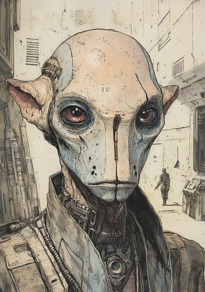 Here's a description of the image:

The illustration showcases a detailed close-up portrait of an alien character, possibly from a science fiction setting.  The alien possesses pale skin, large, expressive eyes, and pointed ears.  Its face features a mask-like structure, with a vertical seam down the center.  The alien wears a textured, dark garment with visible technological elements, such as straps and a collar.  The background suggests a desolate, urban environment with pale buildings and a lone figure in the distance. The artistic style is reminiscent of a pencil or ink sketch, with shading and texture creating a gritty, realistic feel.