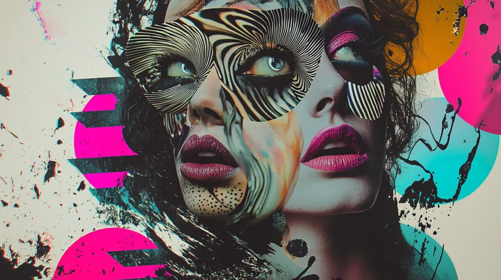 Here's a description of the image:

The artwork is a vibrant, surreal portrait of a woman.  Her face is partially obscured by large, zebra-striped sunglasses that morph into abstract patterns. The style is a collage of digital painting and graphic design, incorporating bold, contrasting colors like pink, teal, and black against a white background.  Geometric shapes and splatters of paint add to the dynamic, almost chaotic composition. The woman's makeup is striking, and her expression is both intriguing and slightly unsettling. The overall effect is one of bold creativity and visual experimentation.