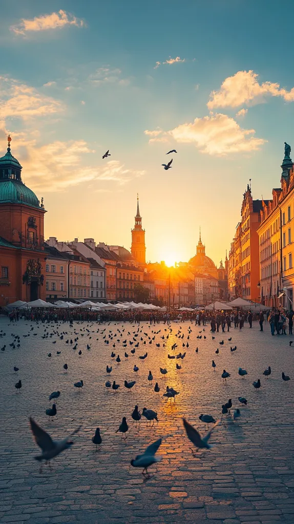 Here's a description of the image:

A picturesque sunset bathes a cobblestone square in warm, golden light.  Numerous pigeons scatter across the square, their silhouettes stark against the glowing pavement.  Elegant, historic buildings line the square, their architectural details highlighted by the low sun.  The scene is peaceful, with a crowd of people visible in the distance, dwarfed by the grandeur of the architecture and the expansive sky.  Several birds fly overhead, adding to the serene and vibrant atmosphere.  The overall impression is one of calm beauty and old-world charm.