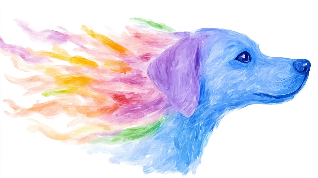 Here's a description of the image:

The artwork depicts a stylized profile of a dog, possibly a Labrador Retriever, rendered in vibrant, loose brushstrokes of acrylic paint. The dog's body is primarily a light blue, while its ear shows hints of purple.  A burst of rainbow-colored streaks, suggesting hair or a vibrant aura, flows from the back of its head, fanning out across the white background. The style is expressive and abstract, prioritizing mood and color over precise realism. The overall effect is joyful and whimsical.