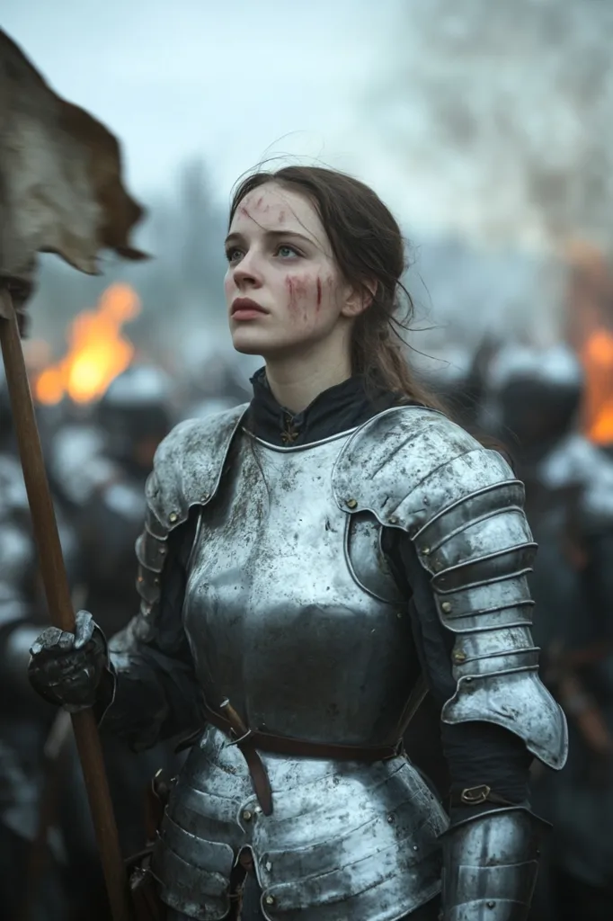 A young woman, her face marred with battle wounds, stands amidst the chaos of a medieval war scene.  Clad in worn but formidable plate armor, she holds a standard or flagpole.  Firelight flickers in the background, illuminating the blurred figures of other soldiers.  Her expression is one of solemn determination, reflecting the harsh realities of conflict.  The image conveys a sense of both vulnerability and strength.