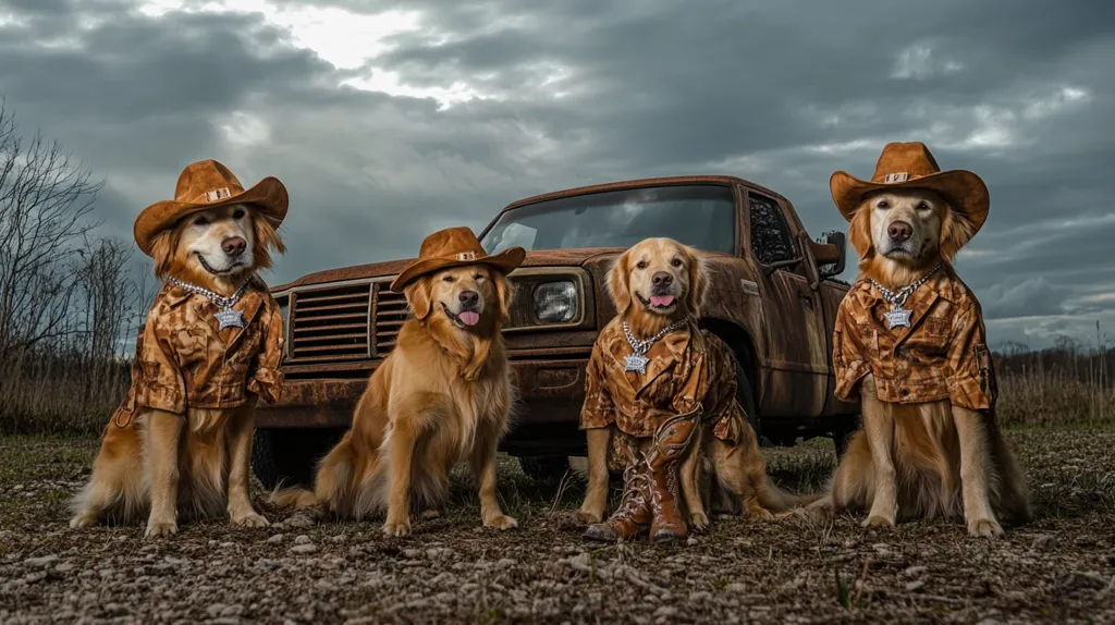 Four Golden Retriever dogs, dressed in matching cowboy hats and camouflage shirts, pose in front of a rusty pickup truck.  Each dog wears a sheriff's star-shaped pendant.  The setting is outdoors, with a cloudy sky and sparse vegetation. The overall image is humorous and evokes a western theme, with the dogs appearing as stylish, miniature sheriffs.  The dogs sit attentively, showcasing their attire.