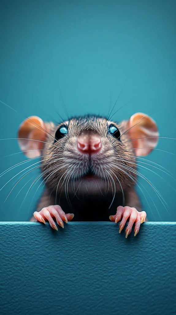 Here is a description of the image in about 100 words:

Close-up view of a rat's face and paws. The rat is positioned with its front paws gripping the edge of a teal-colored surface, its body mostly hidden from view. Its dark eyes are large and expressive, and its pink nose is prominent. The rat's whiskers extend outward, framing its face. The fur appears dark gray or brown. The background is a solid, smooth teal, providing a stark contrast to the rat's coloring and creating a focused image on the animal. The overall impression is a playful and slightly curious portrait of a rat.
