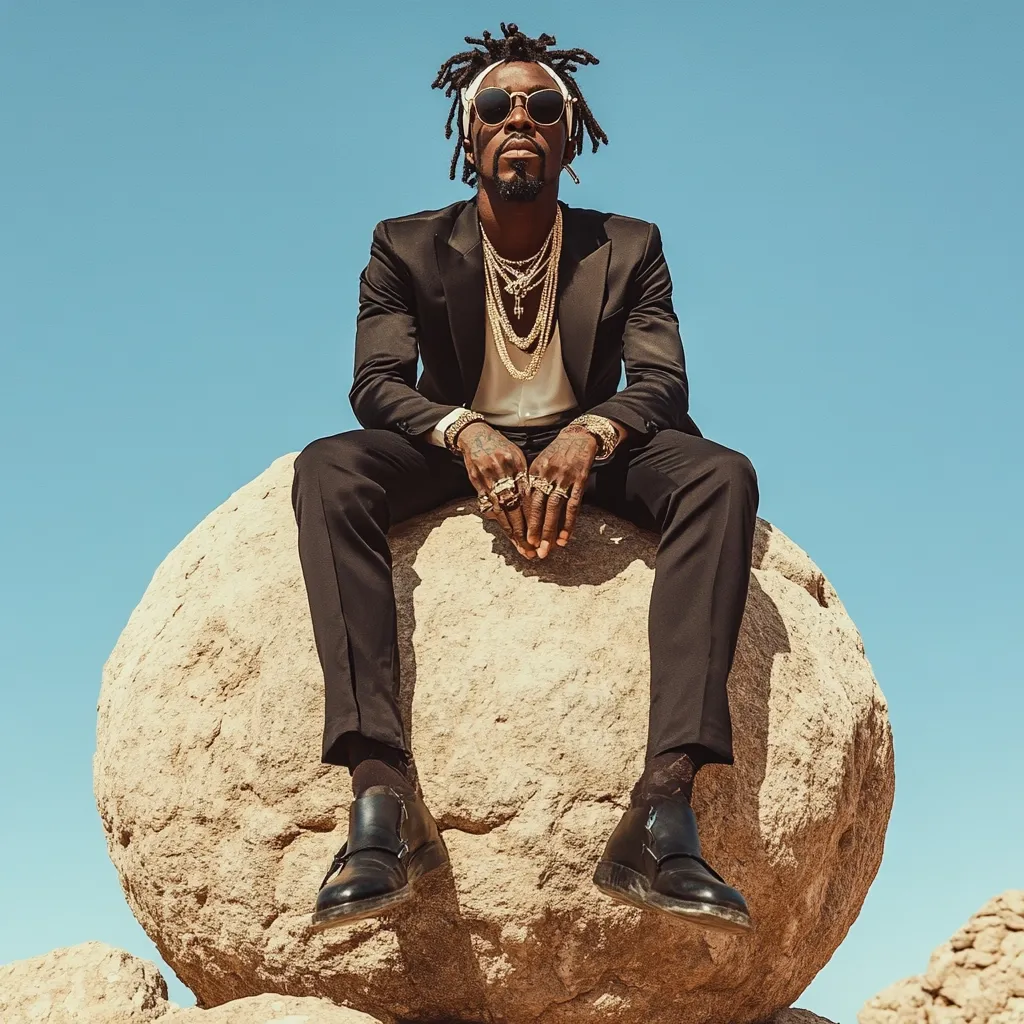 A stylish Black man with dreadlocks sits atop a large, light-brown boulder under a vibrant blue sky. He's dressed in a sharp black suit, accessorized with gold necklaces, rings, and bracelets, and wears dark sunglasses.  His posture is confident and relaxed, his gaze directed slightly upward. The overall scene evokes a sense of calm strength and sophistication against a stark, natural backdrop.