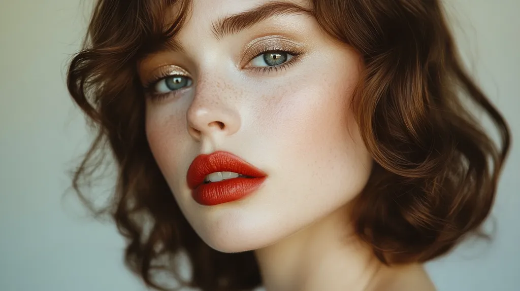 Close-up of a young woman with shoulder-length, wavy brown hair.  She has fair skin with freckles, light-brown eyebrows, and striking blue eyes accentuated by gold eyeshadow. Her lips are painted a vibrant red. The overall impression is one of beauty and elegance, with a soft, natural lighting enhancing her features.  The image has a slightly vintage aesthetic.