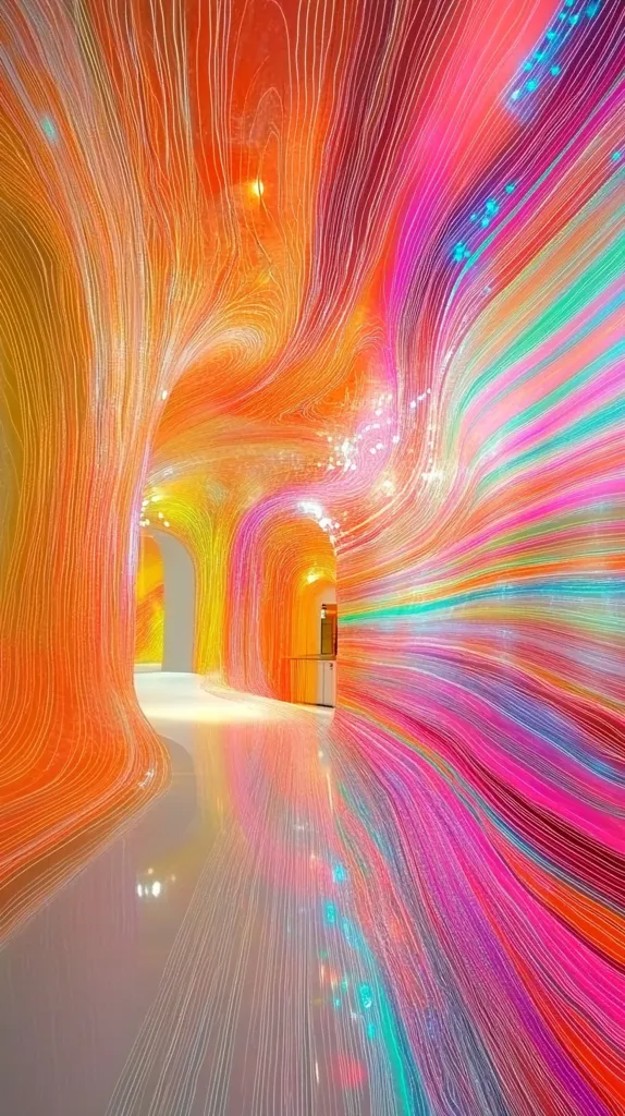 The image showcases a vibrant, immersive hallway or tunnel.  Walls and ceiling are adorned with swirling, multicolored strands of light, creating a mesmerizing, wave-like effect.  The colors range from bright oranges and pinks to softer greens and blues, creating a kaleidoscopic pattern. The smooth, white floor reflects the colorful light, enhancing the overall surreal and dreamy atmosphere. The scene evokes a sense of movement and energy, possibly within an art installation or a futuristic setting.