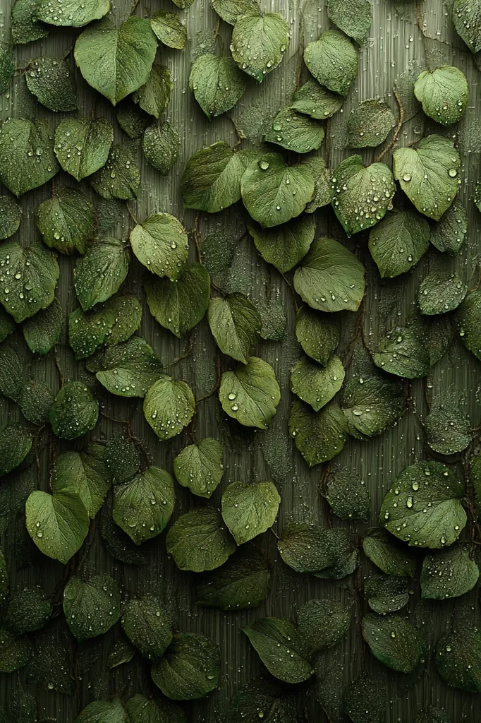 Here's a description of the image:

The image is a close-up shot of a wall densely covered in lush, dark green leaves.  Each leaf glistens with numerous water droplets, suggesting recent rain. The leaves appear to be ivy, climbing and intertwining to create a textured, natural pattern against the dark, slightly textured background which resembles wood. The overall tone is moody and saturated with deep greens, creating a sense of serenity and natural beauty. The focus is sharp across the image, highlighting the detail of both the leaves and the water droplets.