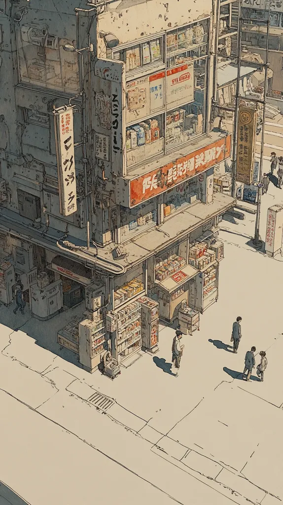 Here's a description of the image:

The illustration depicts a detailed, bird's-eye view of a bustling street corner in what seems to be a Japanese city. A multi-story building, a corner store, dominates the scene, overflowing with merchandise visible through its numerous windows.  The building shows signs of age and wear, adding to its character.  Several figures, rendered in a simple yet expressive style, are casually strolling along the sidewalk, their shadows lengthening on the pale street. The overall style is reminiscent of a graphic novel or manga, with a muted color palette and precise linework.  Japanese characters are visible on signage, enhancing the setting's authenticity. The image conveys a sense of quiet daily life within a richly detailed urban environment.
