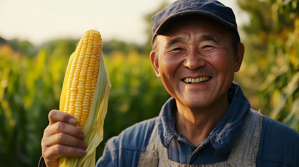 An elderly Asian farmer, beaming with pride and joy, stands in a cornfield.  He holds a freshly picked ear of corn, its golden kernels gleaming in the sunlight.  The background is blurred, focusing attention on the farmer's happy expression and the bounty of his harvest. The overall scene conveys a sense of contentment and the rewards of agricultural labor.