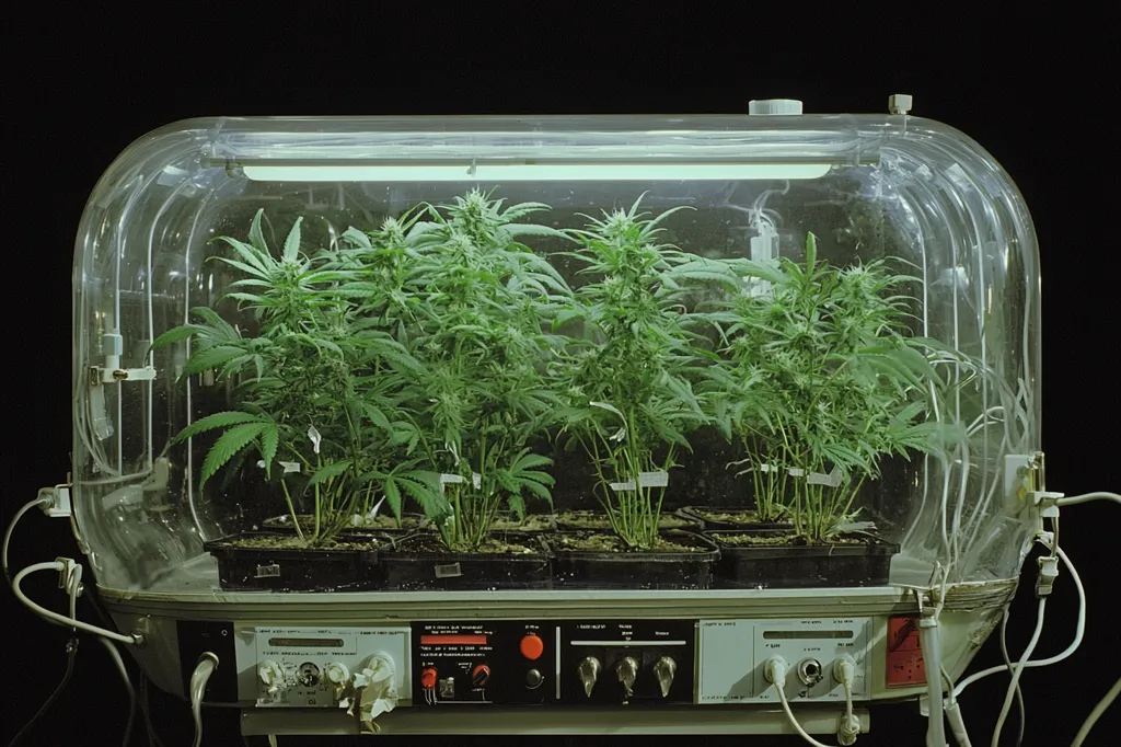 A transparent, enclosed chamber houses several cannabis plants, meticulously cultivated under artificial light.  The controlled environment suggests a research or cultivation setting, with visible tubing and a control panel indicating precise environmental monitoring and manipulation. The plants appear healthy and are at a similar stage of growth. The dark background emphasizes the contained environment.