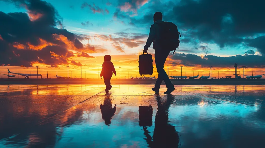 Here's a description of the image:

The silhouette of an adult and a young child walk away from the camera across a wet tarmac at sunset. The adult carries a suitcase and a backpack, while the child walks independently.  Numerous airplanes are parked in the background, silhouetted against a vibrant, colorful sunset sky filled with dramatic clouds. The wet ground reflects the sky and the figures, creating a mirrored effect. The overall mood is one of travel, departure, and perhaps a bittersweet journey.