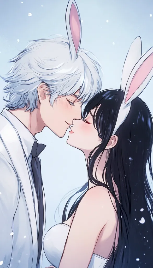 Here's a description of the image:

The illustration depicts a romantic moment between an anime-style couple. The man, with silver hair and a white suit, wears a bunny ear headband. The woman, with long black hair, also sports a bunny ear headband and a white, off-the-shoulder dress. They are in a close embrace, about to kiss, against a soft, light blue background speckled with tiny white particles resembling snowflakes. The style is soft, delicate, and emphasizes romance through the characters' expressions and poses.  The overall mood is sweet and tender.