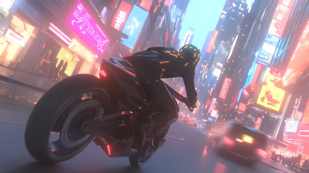 A sleek, black motorcycle, ridden by a figure in a dark, futuristic suit and helmet, speeds through a vibrant, neon-lit city at night.  The city's towering buildings are adorned with bright, colorful signs, creating a dynamic and energetic backdrop. The motorcycle's headlights cut through the rain-slicked streets, emphasizing the sense of motion and speed. The overall atmosphere is one of cyberpunk-inspired dynamism and futuristic urbanity.