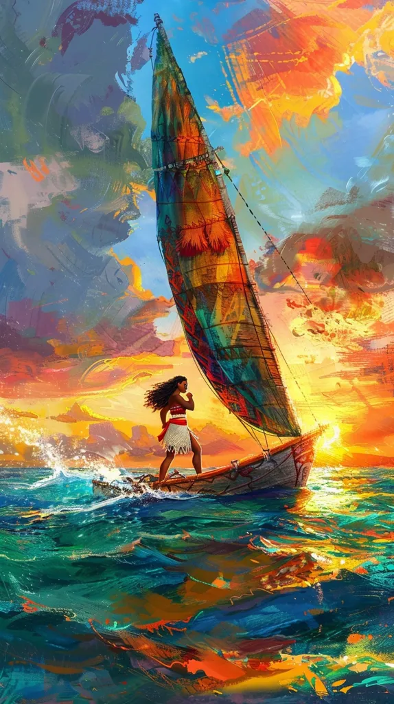 Here's a description of the image:

The painting depicts a vibrant sunset scene featuring a young woman standing on a small, intricately designed outrigger canoe.  She's dressed in a flowing, traditional Polynesian-style garment, her dark hair flowing freely. The canoe sails under a large, richly colored sail patterned with intricate designs mirroring the hues of the sky. The ocean is rendered with dynamic brushstrokes, capturing the movement of the waves.  The overall style is painterly and expressive, with a focus on bold colors and dramatic lighting, suggestive of a moment of journey or discovery.