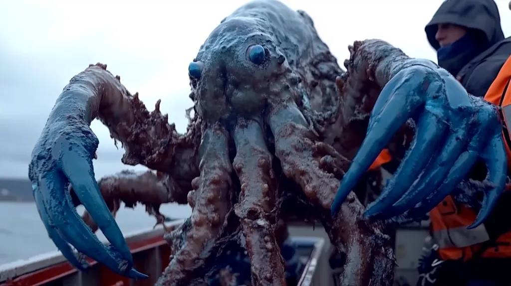Here's a description of the image:

The photograph shows a large, dark creature resembling a cephalopod or crustacean, seemingly hauled onto a boat. Its body is covered in a dark, wet substance, and its large claws are a striking blue. Two people in protective gear are handling the creature, their faces partially obscured by their attire. The background is blurry, suggesting an overcast, coastal environment. The overall impression is one of mystery and possibly a discovery of a strange marine animal.
