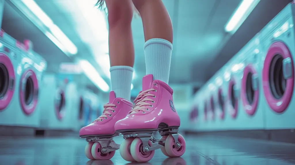 Here's a description of the image:

The photo shows a close-up of a person's legs wearing bright pink roller skates and white socks. The skates are shiny and have a classic design. The person is standing in a laundromat, with a row of washing machines blurred in the background, creating a striking contrast between the vibrant pink skates and the muted teal tones of the laundromat. The overall aesthetic is retro and slightly surreal.