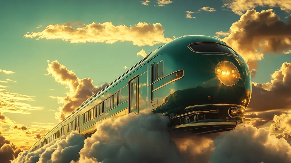 A long, teal-colored train floats serenely above a sea of clouds.  The setting sun casts a warm golden light across the sky, creating a dramatic and surreal atmosphere. The train's sleek, retro design contrasts beautifully with the fluffy clouds below.  The scene evokes a sense of wonder and dreams, suggesting a journey into the unknown or a magical escape.
