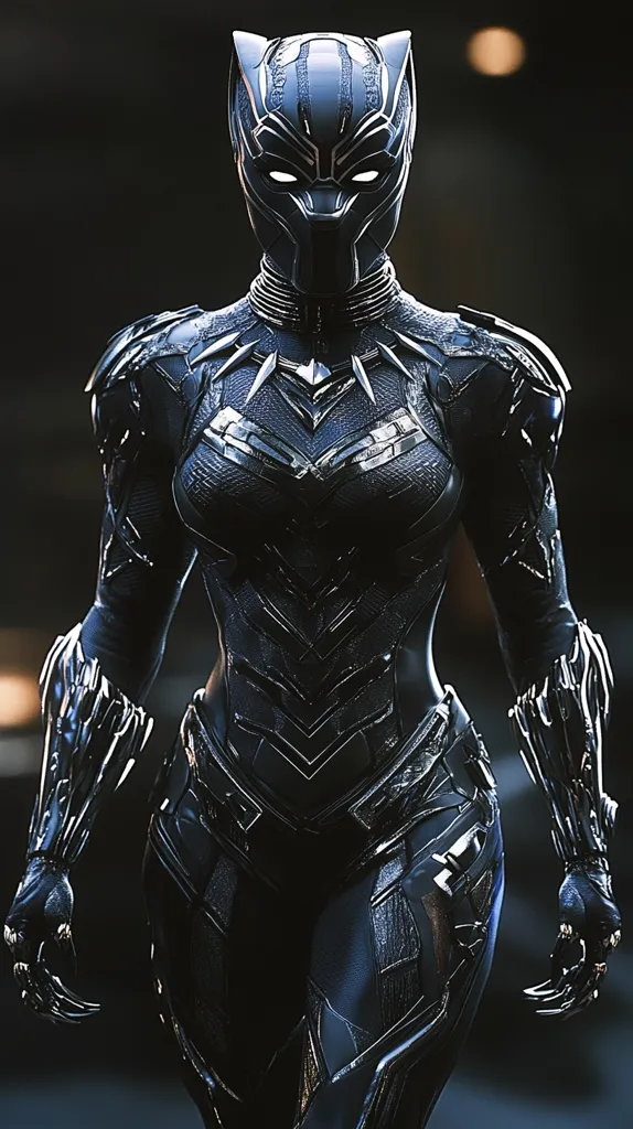A digital rendering depicts a female Black Panther, clad in a sleek, dark suit.  The suit features intricate detailing, with metallic accents highlighting its segmented armor. Her mask is angular and severe, with glowing white eyes, creating an imposing yet alluring presence. The background is dark and blurry, focusing attention on the figure's powerful stance and formidable attire. The overall aesthetic is futuristic and sleek, showcasing a technologically advanced, yet traditional, Wakandan design.