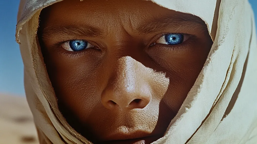 Close-up of a man's face, partially obscured by a light beige headscarf. His skin is dark tan, deeply sun-kissed, and his piercing blue eyes are striking against his complexion.  The texture of his skin is visible, showing the effects of sun and wind. The fabric of the headscarf is slightly frayed, adding a rugged quality to the image.  His expression is serious and intense, conveying a sense of determination or weariness.  The background is blurred, suggesting a desert setting.