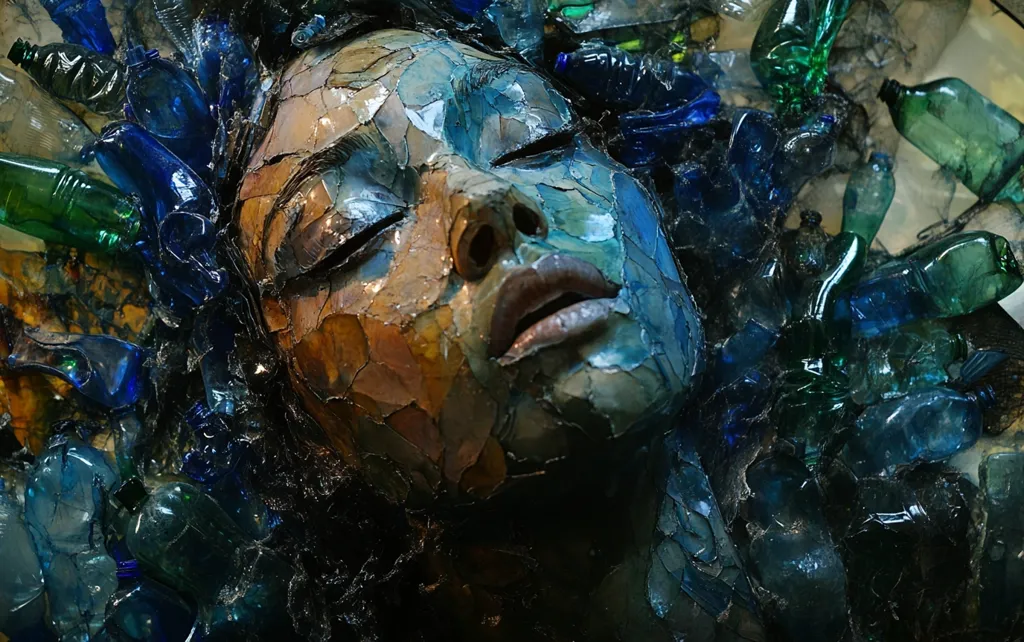 Here's a description of the image:

The artwork depicts a serene female face, seemingly submerged or entombed within a chaotic mass of fragmented, iridescent plastic bottles.  The face, rendered in a mosaic-like style with textured, fractured surfaces mirroring the plastic pieces, conveys a sense of both beauty and decay.  The color palette is predominantly cool blues and greens, reflecting the plastic's hues, with warmer earth tones highlighting the facial features. The juxtaposition of the delicate face with the harsh, environmental debris creates a powerful visual statement on pollution and its impact.