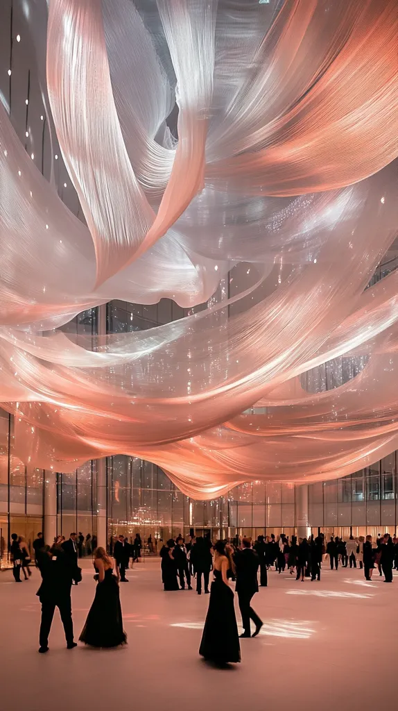 A large, modern hall is adorned with a dramatic installation of flowing, sheer fabric in peach and white hues. The fabric drapes from the ceiling, creating a soft, ethereal atmosphere.  Below, elegantly dressed guests mingle, creating a sense of sophistication and occasion. The large windows of the hall offer a glimpse of an illuminated cityscape beyond. The overall effect is one of luxurious, romantic ambiance.