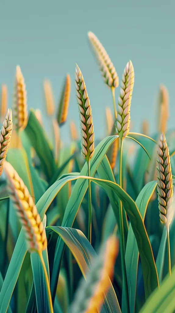 A close-up shot reveals a field of wheat, bathed in soft, natural light.  The focus is on several stalks of wheat, their heads displaying immature, pale-yellow grains.  Long, vibrant green leaves surround the wheat, creating a lush and textured background. The overall impression is one of serenity and natural beauty, emphasizing the details of the plants.  The color palette is predominantly soft greens and yellows, creating a calming and peaceful scene.