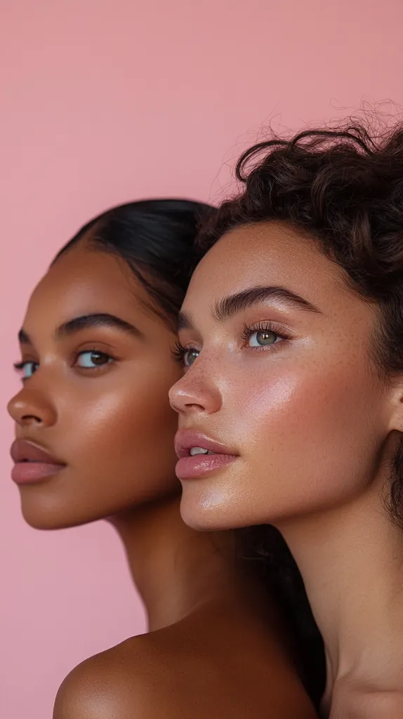 Close-up of two women with differing skin tones positioned side-by-side against a pale pink background.  Both have minimal makeup, showcasing healthy, glowing skin.  The woman on the left has darker skin and straight hair, while the woman on the right has lighter skin and curly hair. Their gazes are directed to the viewer's right, creating a sense of unity and shared experience. The image emphasizes natural beauty and diversity.