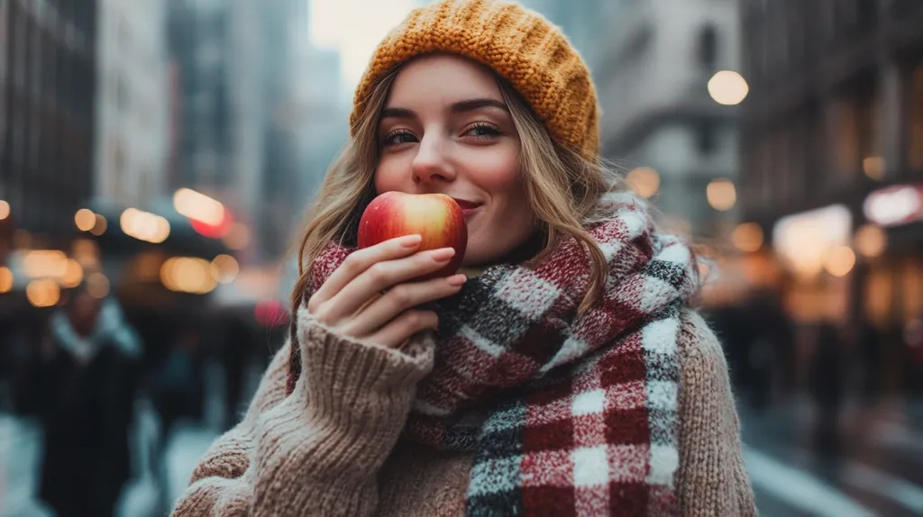A young woman, bundled in a tan knit sweater, mustard-colored beanie, and a red and white plaid scarf, stands on a city street.  The background is softly blurred, showcasing a bustling urban scene with warm lights twinkling.  She holds a red apple to her lips, a contented smile playing on her face.  The overall mood is cozy and inviting, suggesting a crisp autumn or winter day.