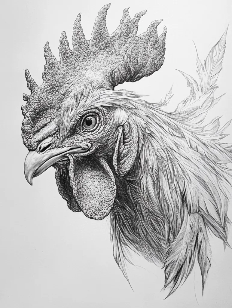 Here's a description of the image:

The image is a detailed, black and white pencil drawing of a rooster's head and upper neck. The artist has meticulously rendered the bird's textured feathers, from the spiky comb atop its head to the fine details of its plumage.  The rooster's eye is sharply focused, giving it an intense and alert expression. The shading is expertly done, creating a sense of depth and volume, making the rooster appear almost three-dimensional. The background is plain white, drawing all attention to the intricately detailed subject. The overall style is realistic and precise.