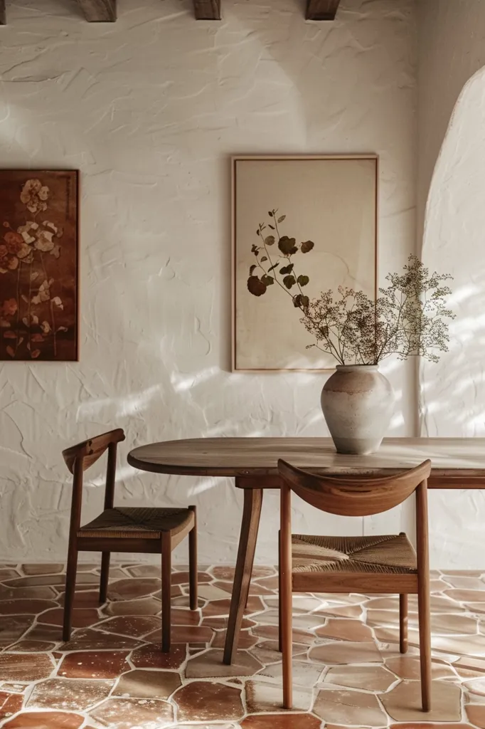 Here's a description of the image:

The photo shows a minimalist dining area. A light-colored, textured wall serves as a backdrop for a wooden oval dining table with two simple, wooden chairs featuring woven seats.  Dried flowers in a light-grey ceramic vase sit as the table's centerpiece.  Two framed botanical prints, one in muted browns and the other in beige, hang on the wall, adding to the calm, earthy aesthetic. The floor is composed of reddish-brown, irregular stone tiles.  Natural light casts soft shadows throughout the scene, highlighting the room's serene ambiance.